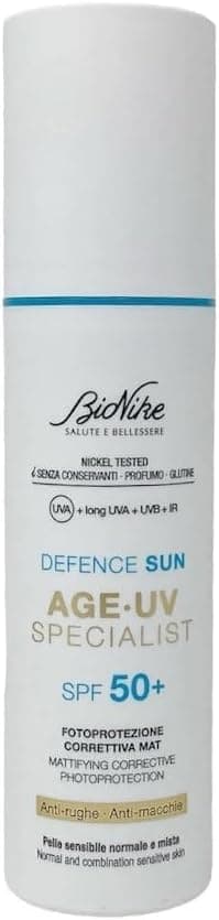 BioNike Defence Sun - Age UV Specialist, Crema Viso Antirughe SPF 50+ con Acido Ialuronico e Niacinamide, Trattamento Fotoprotettivo per Pelle Secca e Molto Secca, Texture Leggera, Idratante, 50ml