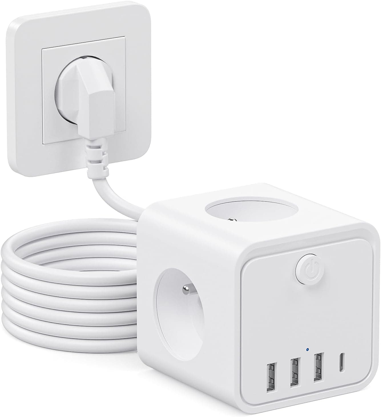 Regleta Enchufes, 7 en 1 enchufes con USB de Pared 3 Tomas, con Interruptor Cable 2m Regleta con USB Ideal para Sala de Estar Oficina Dormitorio