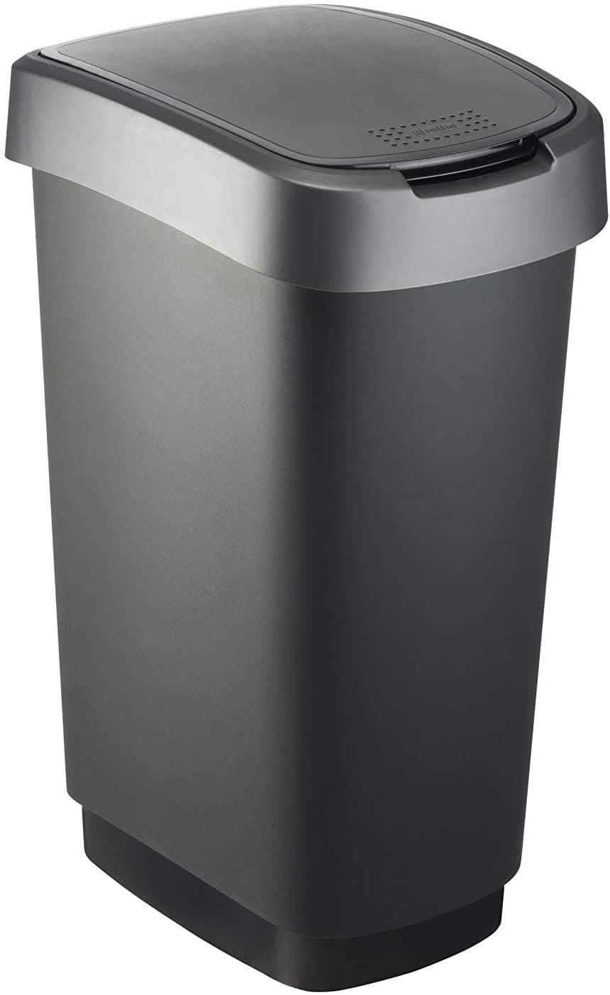 Rotho Twist Mülleimer mit Deckel 50l | Abfalleimer Küche und Recycling Center | mit Schwingdeckel und Klappdeckel | schmal & platzsparend | leicht zu reinigen | silber