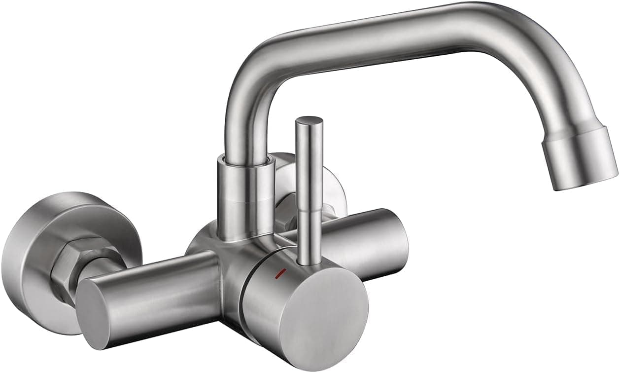 Robinet de Cuisine Mural, Mitigeur Mural Rotatif à 360°, Distance des Trous d'eau Chaude et Froide 110mm, Mitigeur Cuisine Encastré en Acier Inoxydable 304, Aérateur Démontable, Brossé