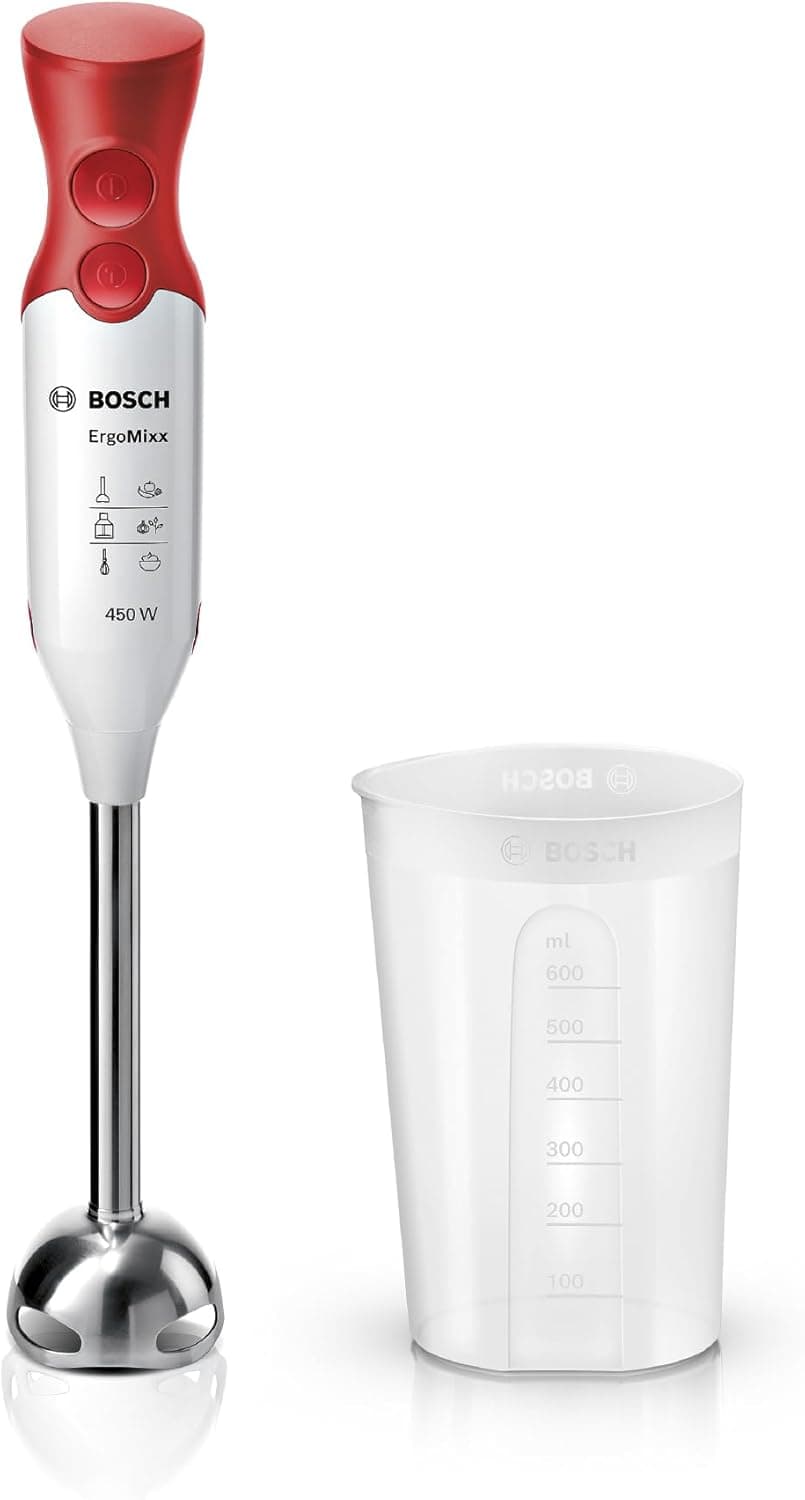 Bosch Frullatore a Immersione MSM64110, 450 W, Impugnatura Ergonomica, Piede in Acciaio Inox, Lama a 4 ali Acciaio Inox, Due Livelli di Velocità, Pratico Bicchiere Graduato Incluso, Bianco, Rosso