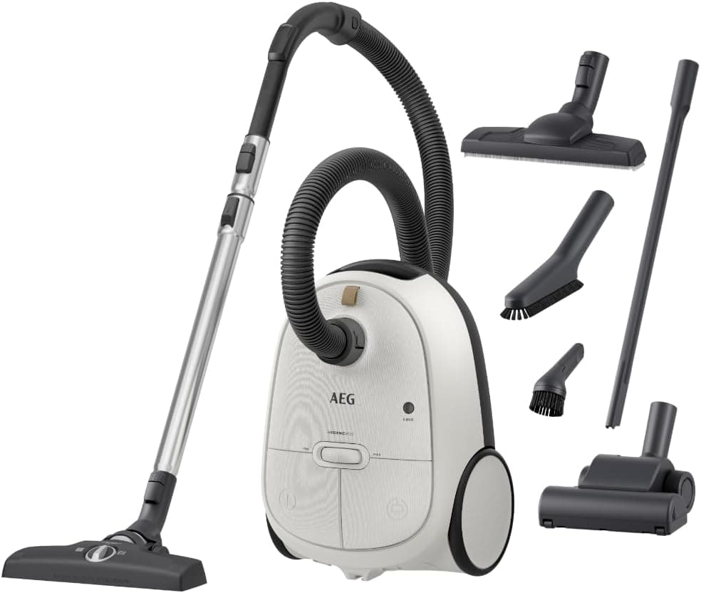 AEG AB61H6SW Staubsauger mit Beutel/hohe Saugleistung auf Allen Böden/inkl. Zusatzdüsen / 50% Recyclingkunststoff/ideal für Asthmatiker, Allergiker, Haustierbesitzer / 12 m Kabel / 850 W/weiß