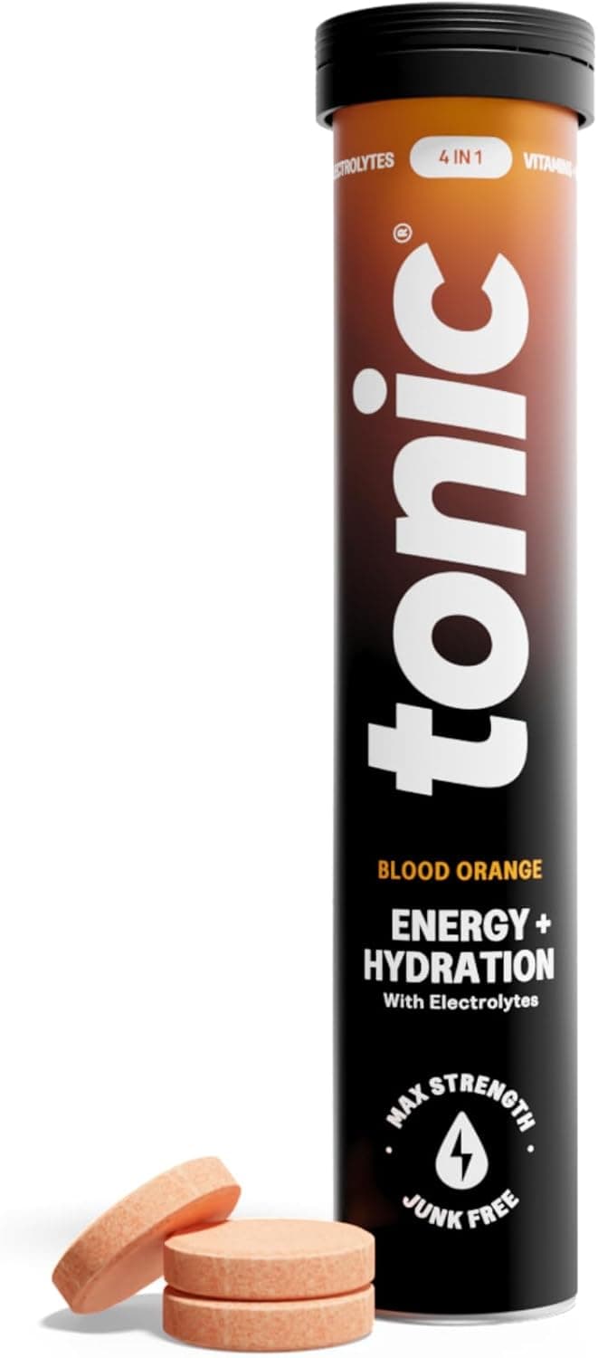 Tonic Health Energy and Hydration Tablets - 15 Vitamins, Minerals, Plants with Panax Ginseng, No Sugar Effervescent Multivitamins - Rehydration Electrolytes Tablets, Blood Orange 20 Count
