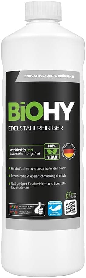 BiOHY Edelstahlreiniger (1l Flasche) | Edelstahlpflege für streifenfreien Glanz | ideal für Küche, Töpfe oder Grill | Edelstahl reinigen in Gastronomie & Haushalt | pflegendes Putzmittel