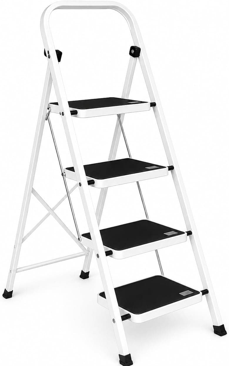 Escalera Plegable de 4 peldaños con Estructura de Acero | Taburete Multifuncional con Superficie Antideslizante y Base Estable | Ligera, portátil y Segura para hogar, Oficina y tareas domésticas