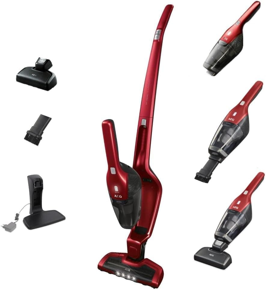 AEG Ergorapido 2in1 Akku Staubsauger, Beutellos, inkl. Tierhaardüse, ETM Testsieger, bis zu 45Min Laufzeit, Freistehend, 180° Drehgelenk, Bürstenreinigungsfunktion, LED-Frontlichter, Rot, CX7-2-45AN