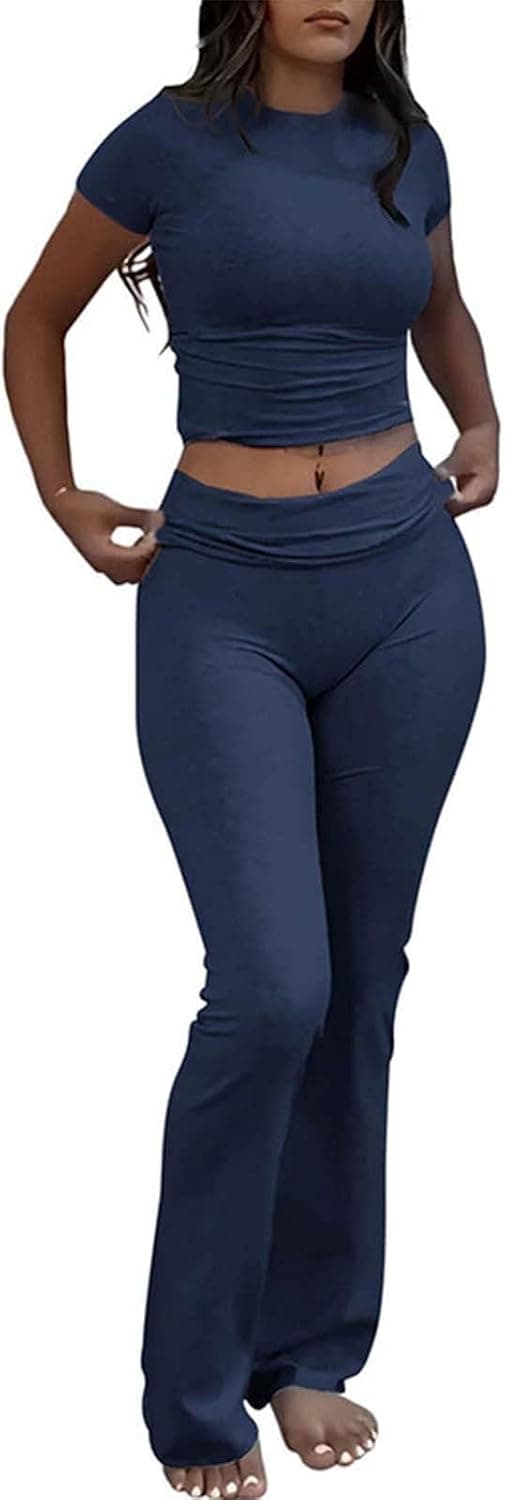 Generico Completo Sportivo Donna - Casual Two Piece Jogger with Round Neck T Shirt and Flared Pant for Workout Leisure Elegante Running Abbigliamento Donne Tuta Estiva Set Palestra Completa Pigiama