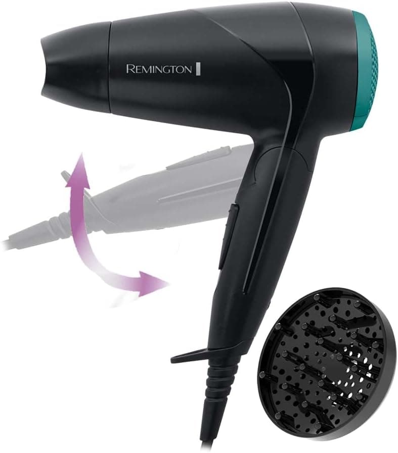 Remington Haartrockner [klein & klappbar & leistungsstark] On The Go (2000 W, weltweite Spannungsanpassung 120/220-240V, Stylingdüse & Diffusor, 2 Kombi-Heiz- & Gebläsestufen) Reisehaartrockner D1500