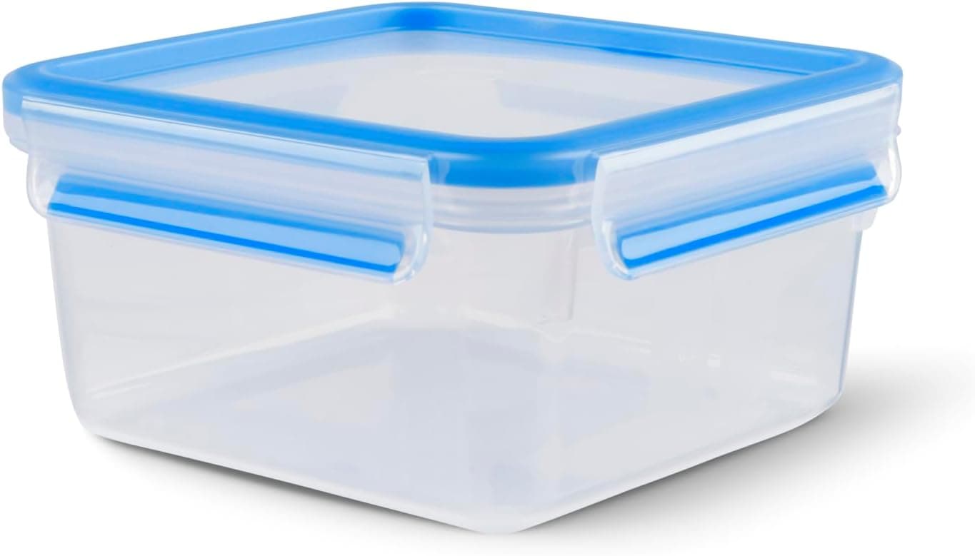 EMSA Clip & Close Frischhaltedose, quadratisch, 1,3 L, Aufbewahrungsbox, 100 Prozent dicht, spülmaschinen-, gefrier-, mikrowellenfest, Transparent, Blau, Made in Germany, N10113