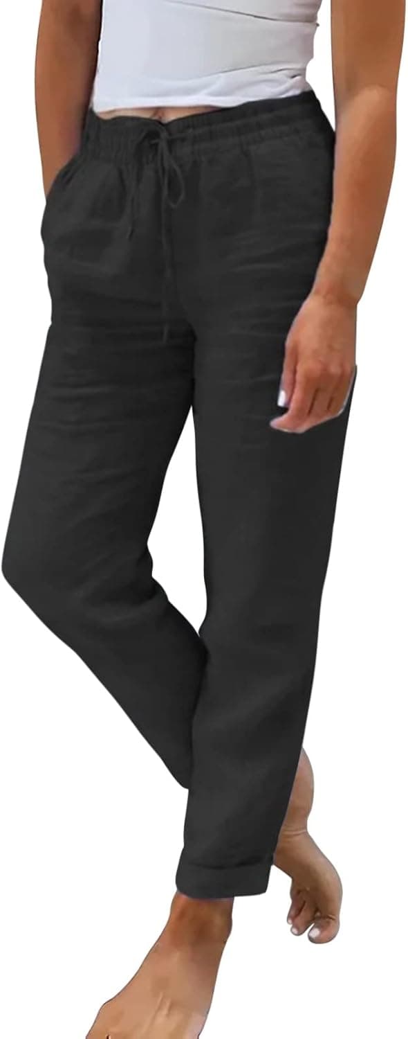 Pantalon en Lin Femme Fluide Été Pantalons Jogging Large avec Poches De Plage Pants Grande Taille Elastique Décontracté Gaze De Coton Femmes Mode Casual avec Cordon De Serrage Confortable