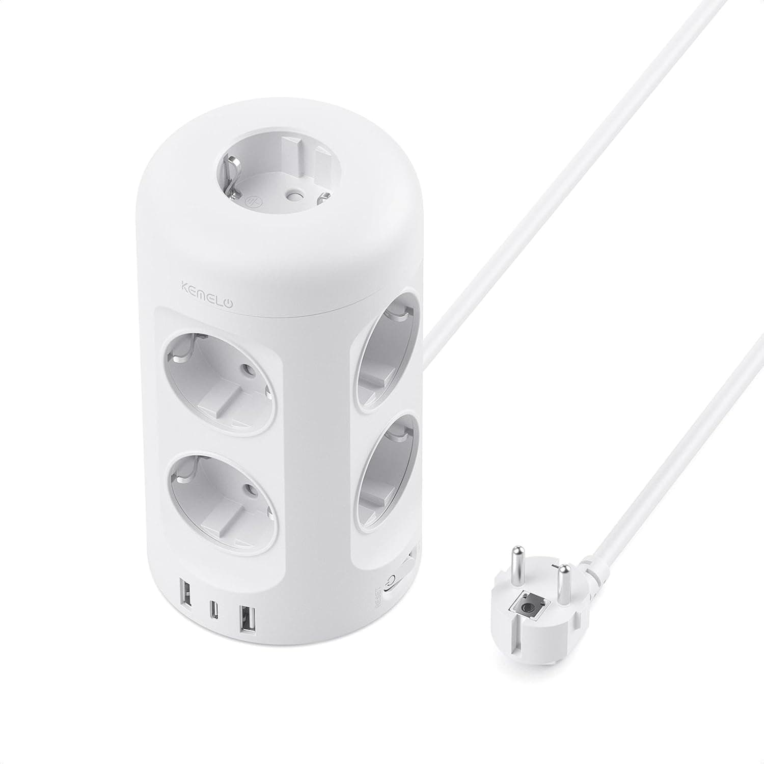 Regleta Enchufes con USB C, 12 en 1 Enchufe Multiple (9 AC y 3 USB), 3680W/16A, Regleta Enchufes Proteccion Sobretension, 2M Torre Enchufes Vertical con Interruptor para Mesa, Oficia, Casa, Blanco