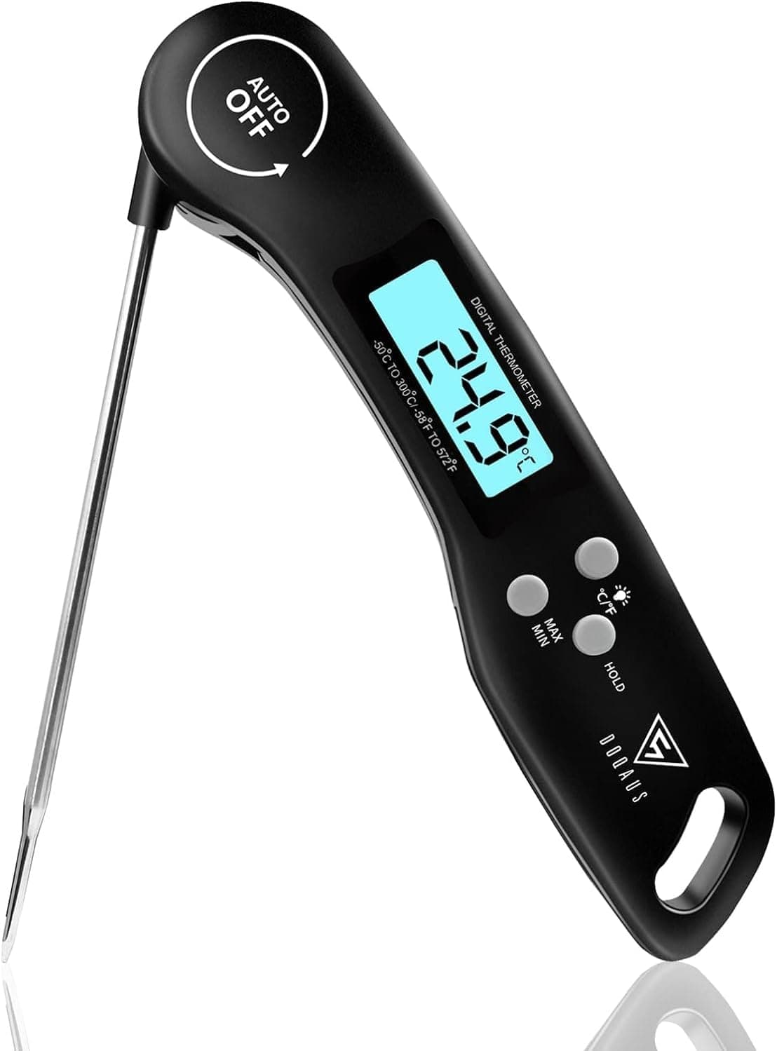 DOQAUS Thermometre Cuisine, 3s Lecture instantané Thermometre Cuisson, Thermomètre viande, avec Écran LCD et Auto On/Off, Sonde Pliable pour Cuisson, Viande, BBQ, Patisserie, Lait, Vin (Noir)