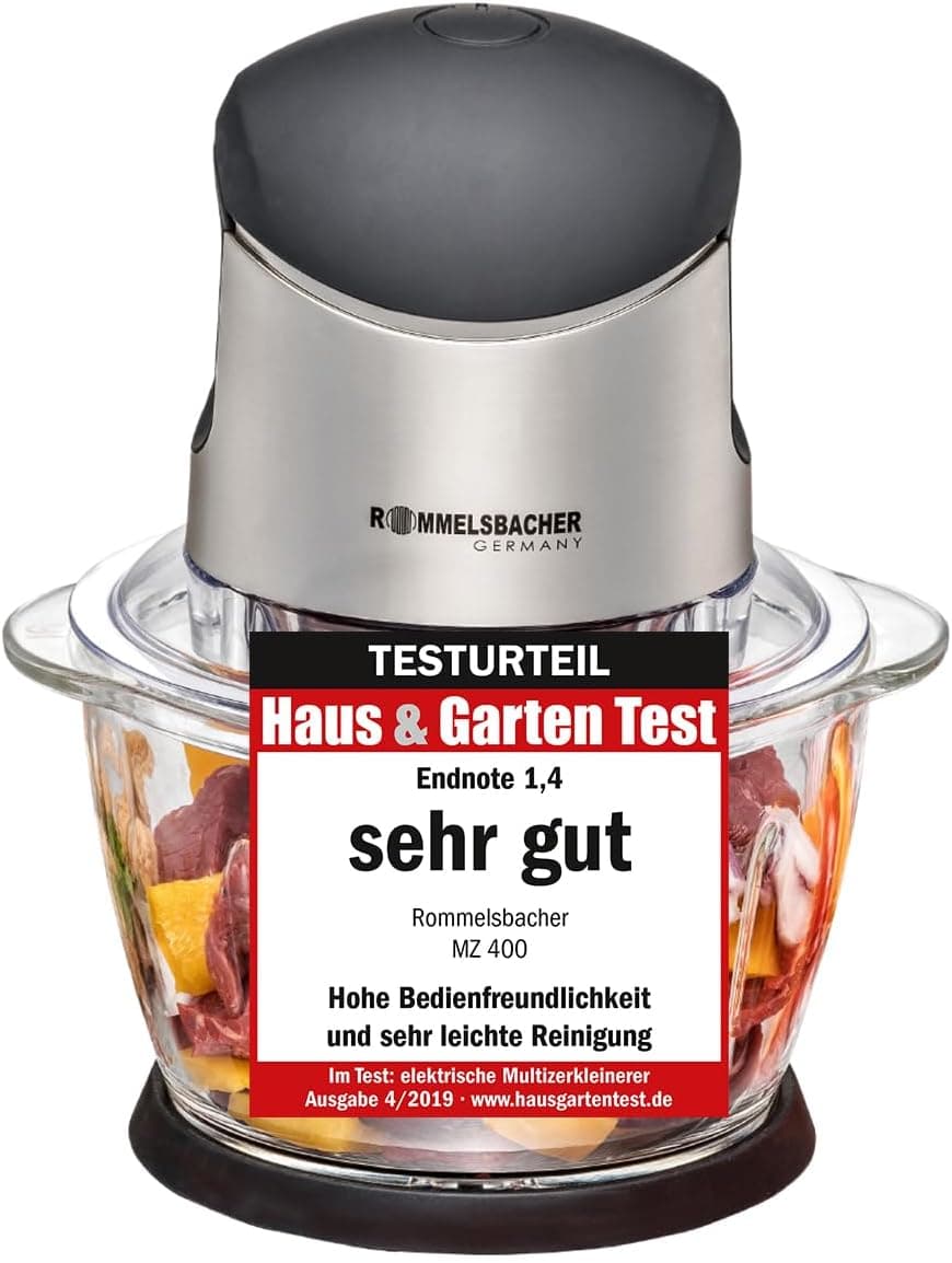 ROMMELSBACHER Multi Zerkleinerer MZ 400 – kraftvoller Motor, 4-flügeliges Spezialmesser aus Edelstahl, 1 Liter Glasbehälter, schwarz/Chrom gebürstet, 400 Watt