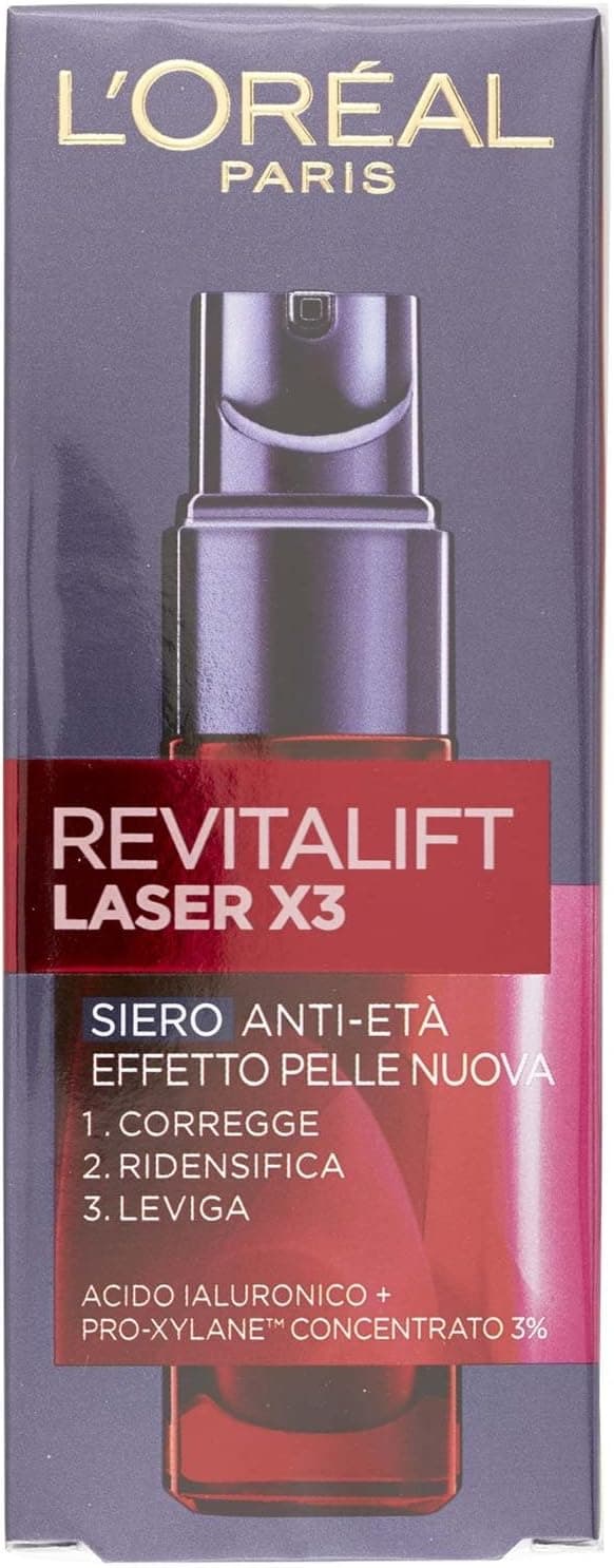 L'Oréal Paris Siero Viso Revitalift Laser X3, Azione Antirughe Anti-Età con Acido Ialuronico e Pro-Xylane, 30 ml, l'imballaggio può variare