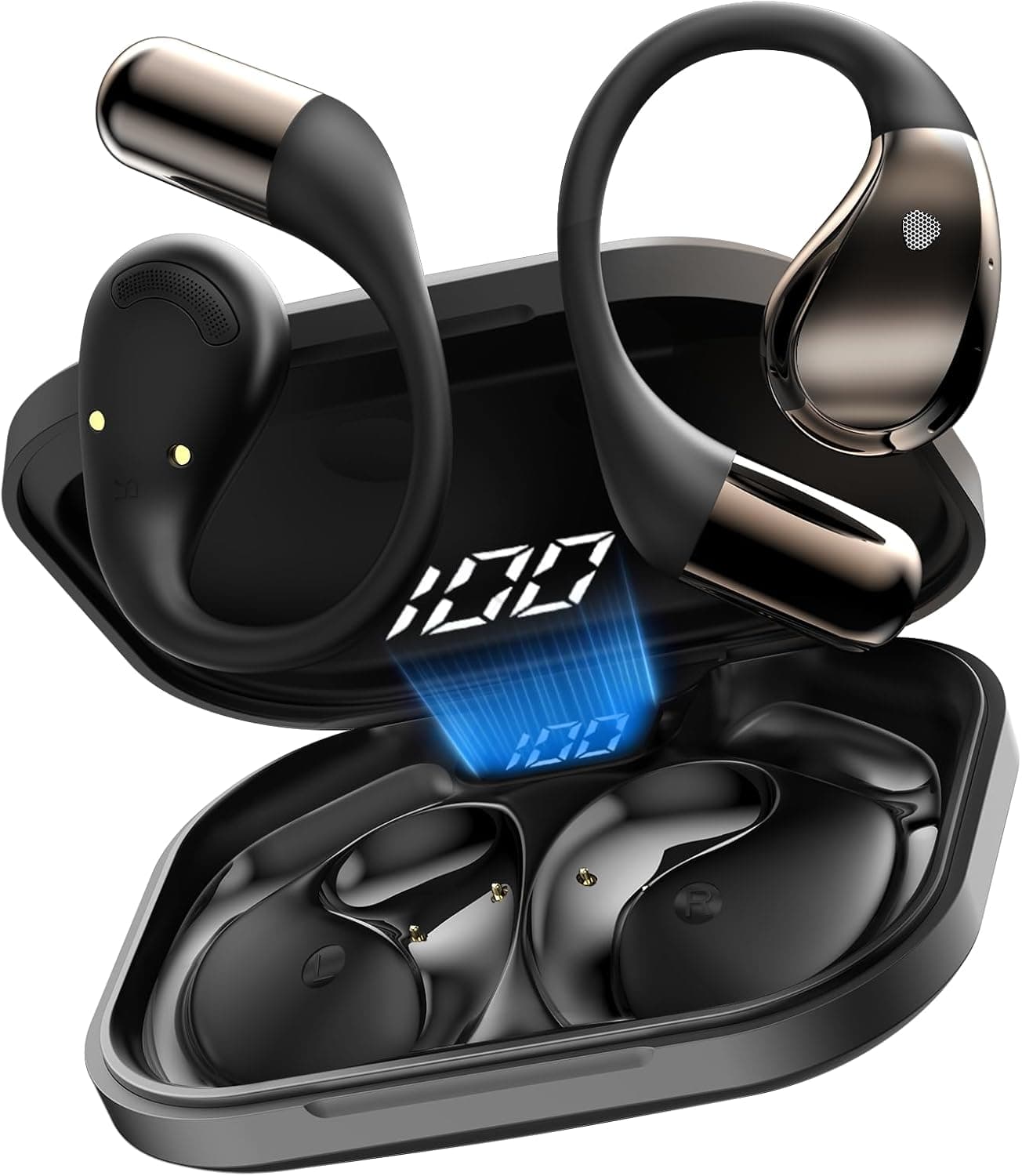 Open Ear Kopfhörer Bluetooth 6.0 mit HD Mic, 2025 Kopfhörer Kabellos Bluetooth HiFi Stereo mit Ohrhaken, 40H Spielzeit, Bluetooth Kopfhörer mit LED-Anzeige, IP7 Wasserdicht Ohrhörer für Sport,Schwarz