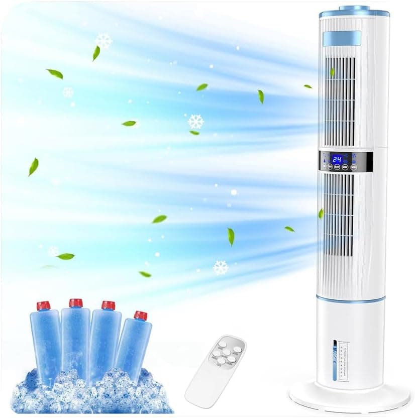 Mobile Air Conditioners, 4 IN 1 Tower Fan/Air Purifier/Humidifier/Evaporative Coolers 65W 60°/360° Oscillation 1-24H Timer 3 Mode 8M/S Wind 4 Ice Box 10M Remote Control for Home Bedroom Office