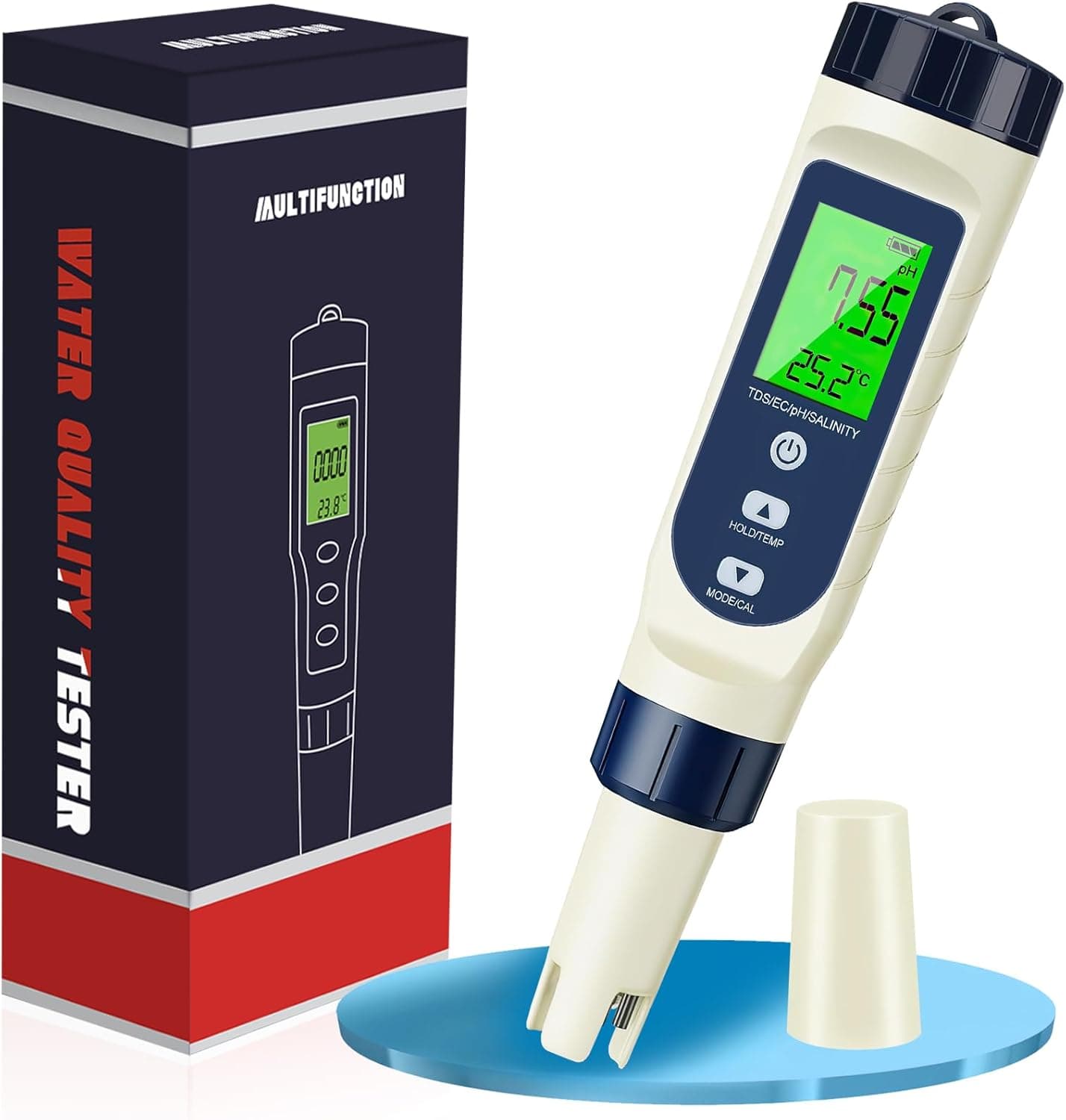 PH Mètre Électronique 5 en 1, PH/TDS/EC/Salinité/Thermomètre, Testeur de pH pour Piscine avec Écran LCD et Compensation Automatique de Température, Testeur d’Eau pour Piscines, Eau Potable, Hydroponie