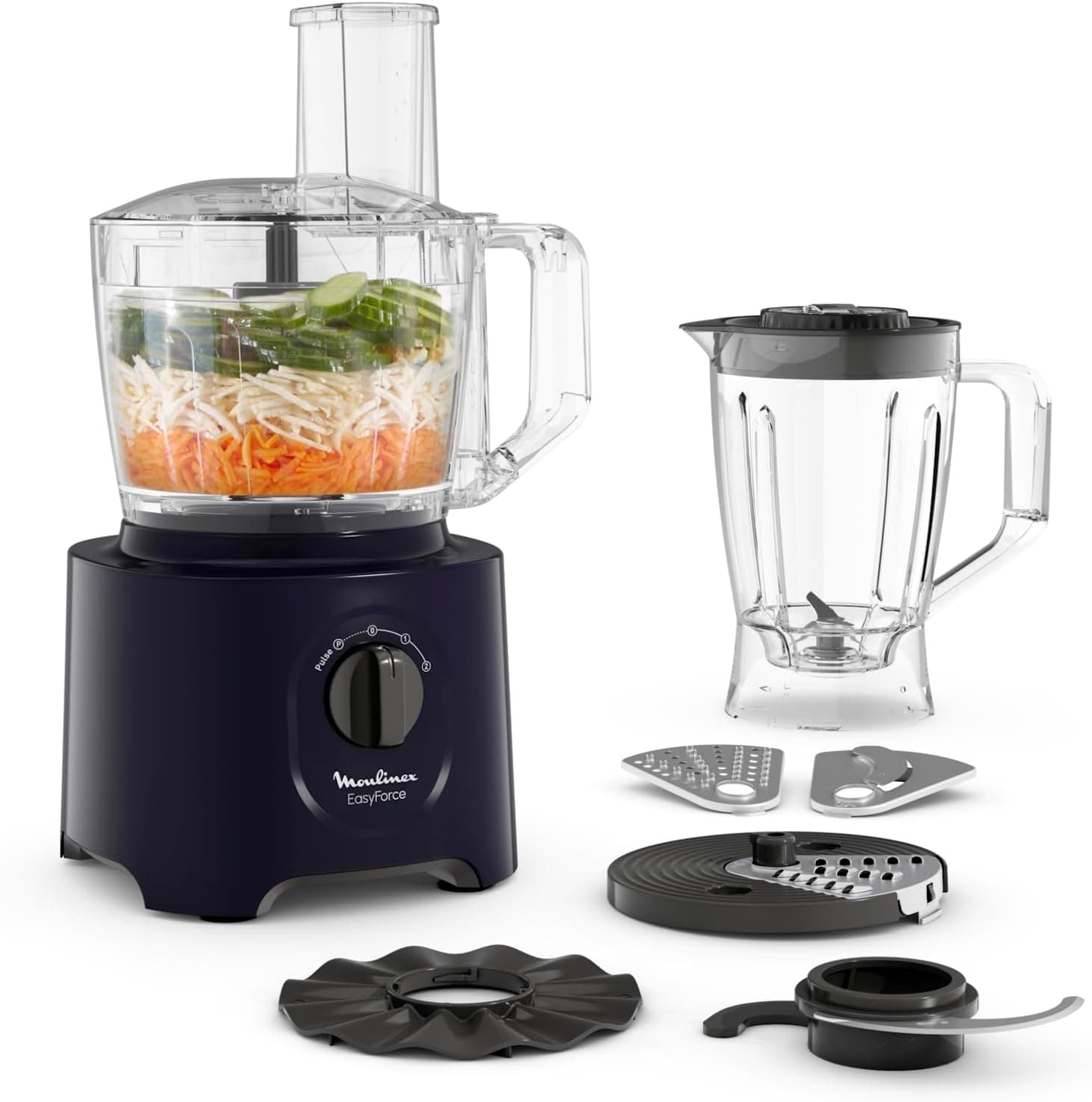 Robot da cucina multifunzione Moulinex Easy Force, 800 W, 25 funzioni, 2 velocità + Pulse, 6 accessori di cui 1 frullatore incluso, Compact FP247810, Blu notte