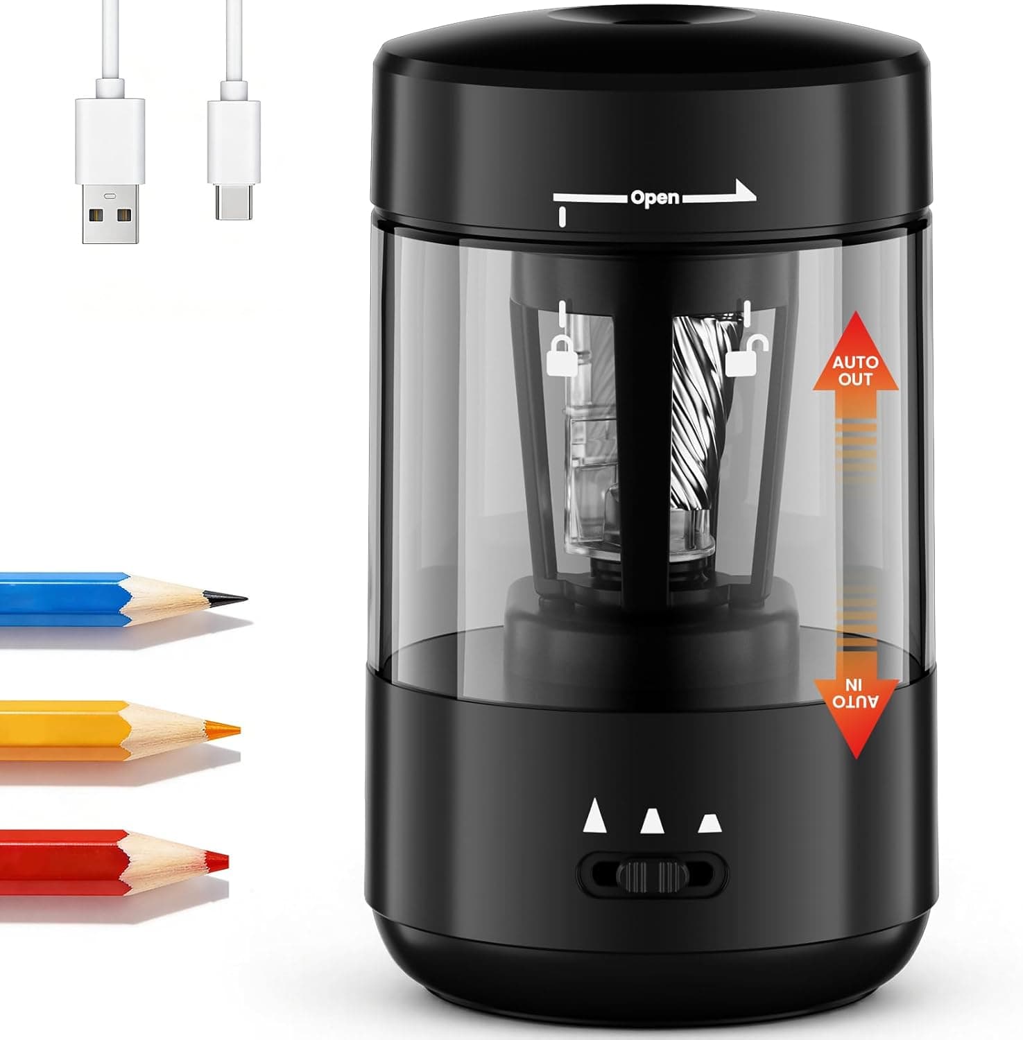Electric Pencil Sharpener for Classroom, Fully Automatic Pencil Sharpener for 6-8mm Pencils & Colored Pencils, Auto in & Out, Type-C Rechargeable Pencil Sharpeners for Home, School, Black
