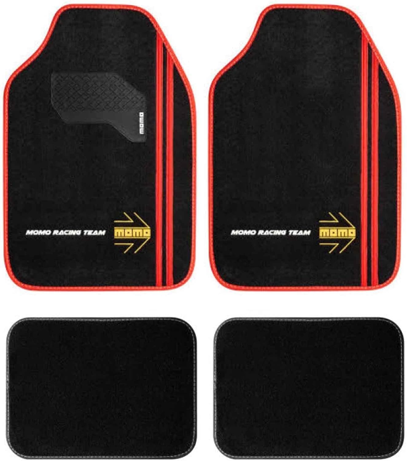MOMO - Set de 4 Alfombrillas Universales, de Color Negro con Costuras Blancas, Antideslizantes y Reforzadas, Fabricadas en Poliéster y PVC, Logo en Blanco y Amarillo, Diseño Frase, Bordes y Franjas