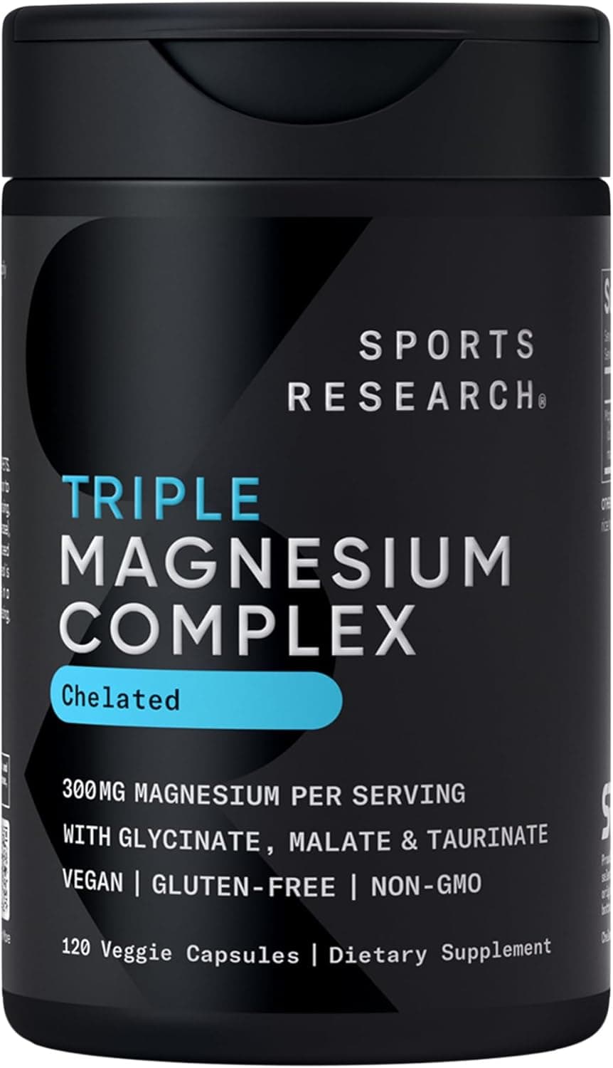 Sports Research® Chelated Triple Magnesium Complex with Glycinate, Taurinate & Malate (Chelamax®) for Enhanced Bioavailability* - 300 mg per Serving, Non-GMO, Certified Vegan, 120 Veggie Capsules