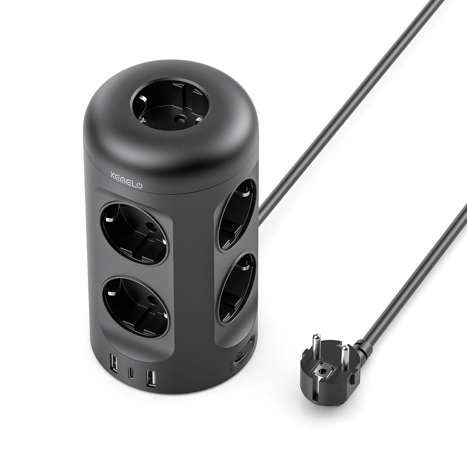 Regleta Enchufes con USB C, 12 en 1 Enchufe Multiple (9 AC y 3 USB), 3680W/16A, Regleta Enchufes Proteccion Sobretension, 2M Torre Enchufes Vertical con Interruptor para Mesa, Oficia, Casa, Negro
