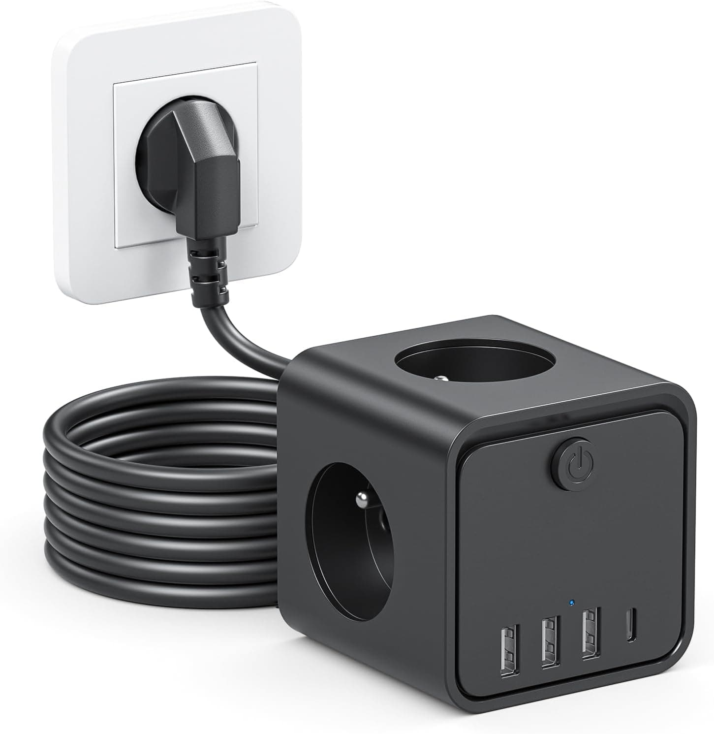 Regleta Enchufes, 7 en 1 enchufes con USB de Pared 3 Tomas, con Interruptor Cable 2m Regleta con USB Ideal para Sala de Estar Oficina Dormitorio