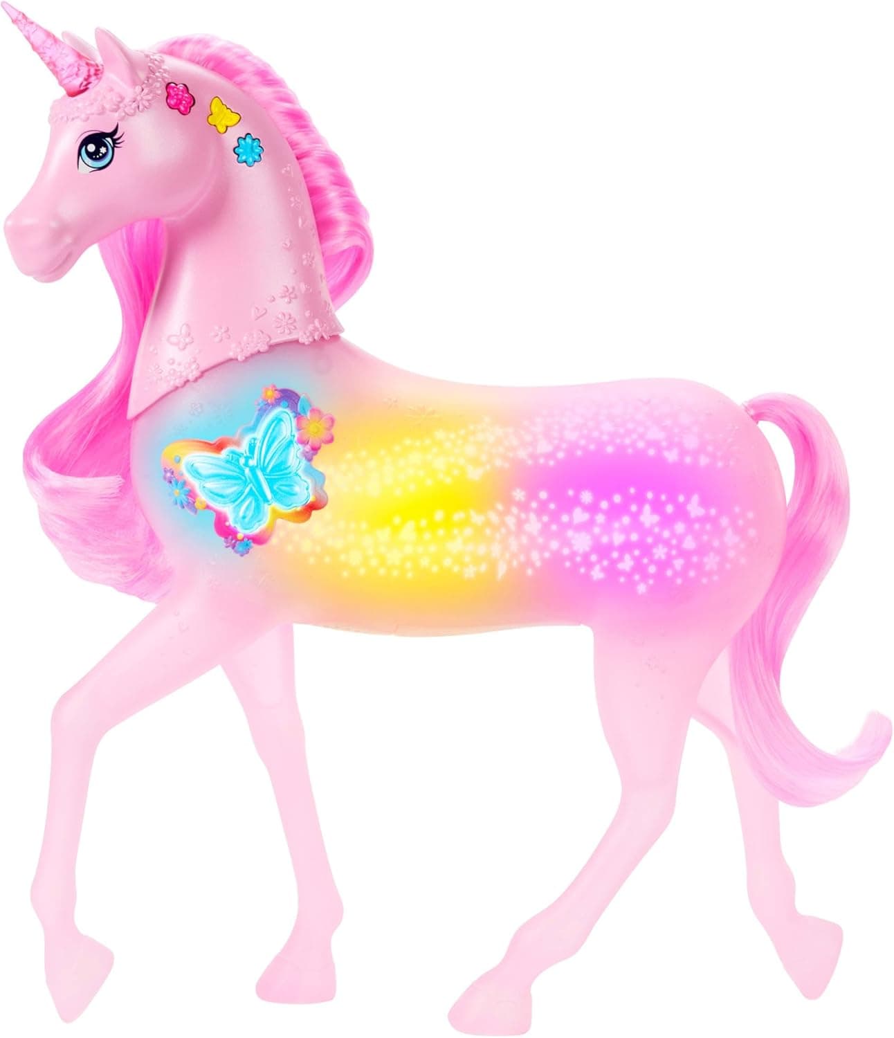 Barbie funkelnd leuchtendes Einhorn mit 20 interaktiven Kombinationen aus Lichteffekten, Geräuschen und Musik, zum Spielen Knöpfe drücken und Kopf streicheln,JCP78