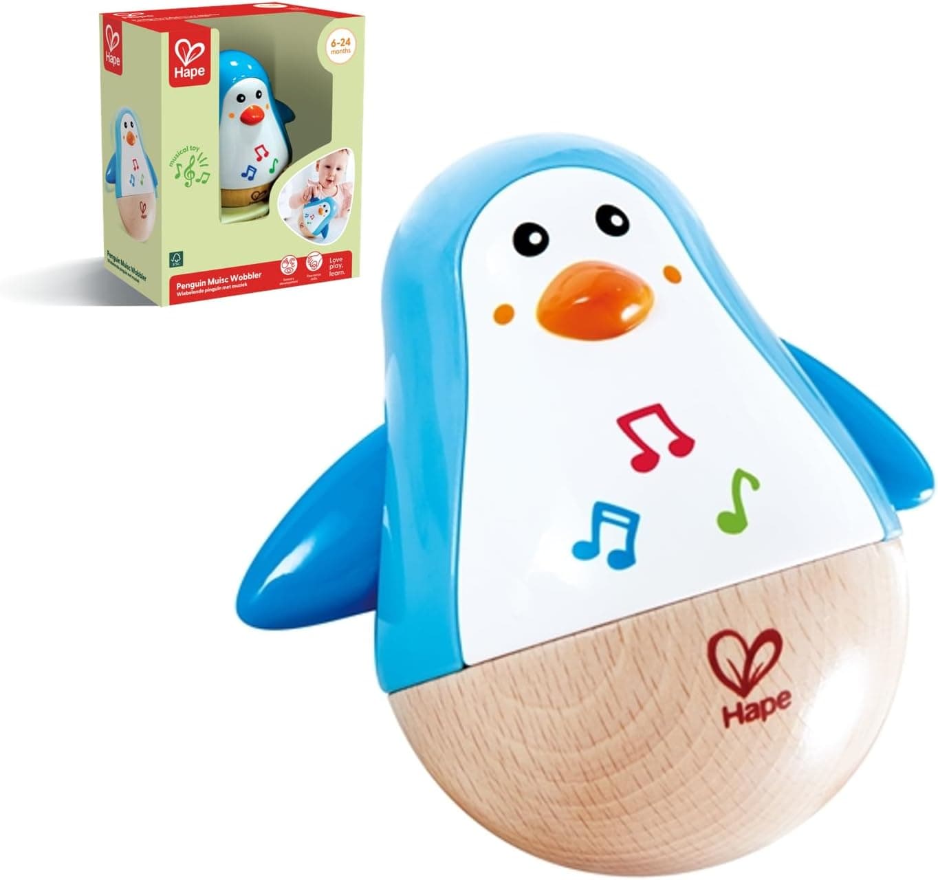 Hape Stehauf-Pinguin - Babyspielzeug aus Holz mit klingelnder Glocke, blau, Motorik- und Gleichgewichtsförderung, sensorisches Lernspielzeug für Babys ab 6 Monaten