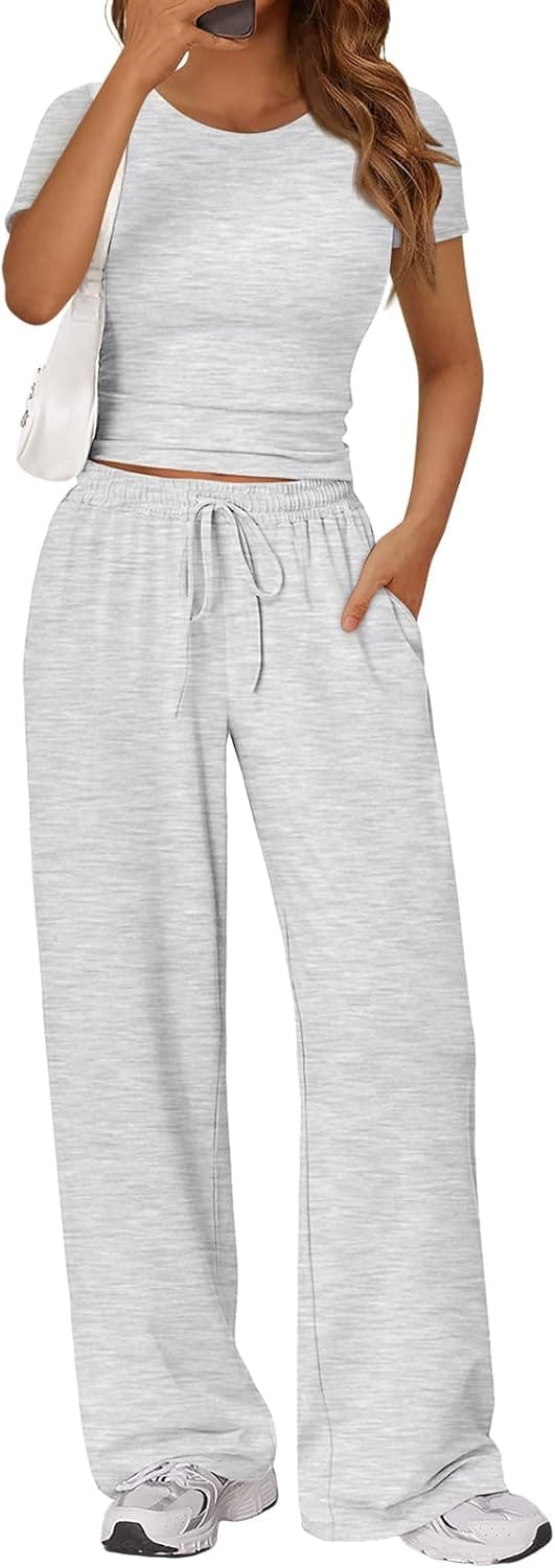 LILLUSORY 2 Piece Lounge Wear Sets for Women UK Casual Elastic Waisted Wide Leg Trouser Co Ord Sets