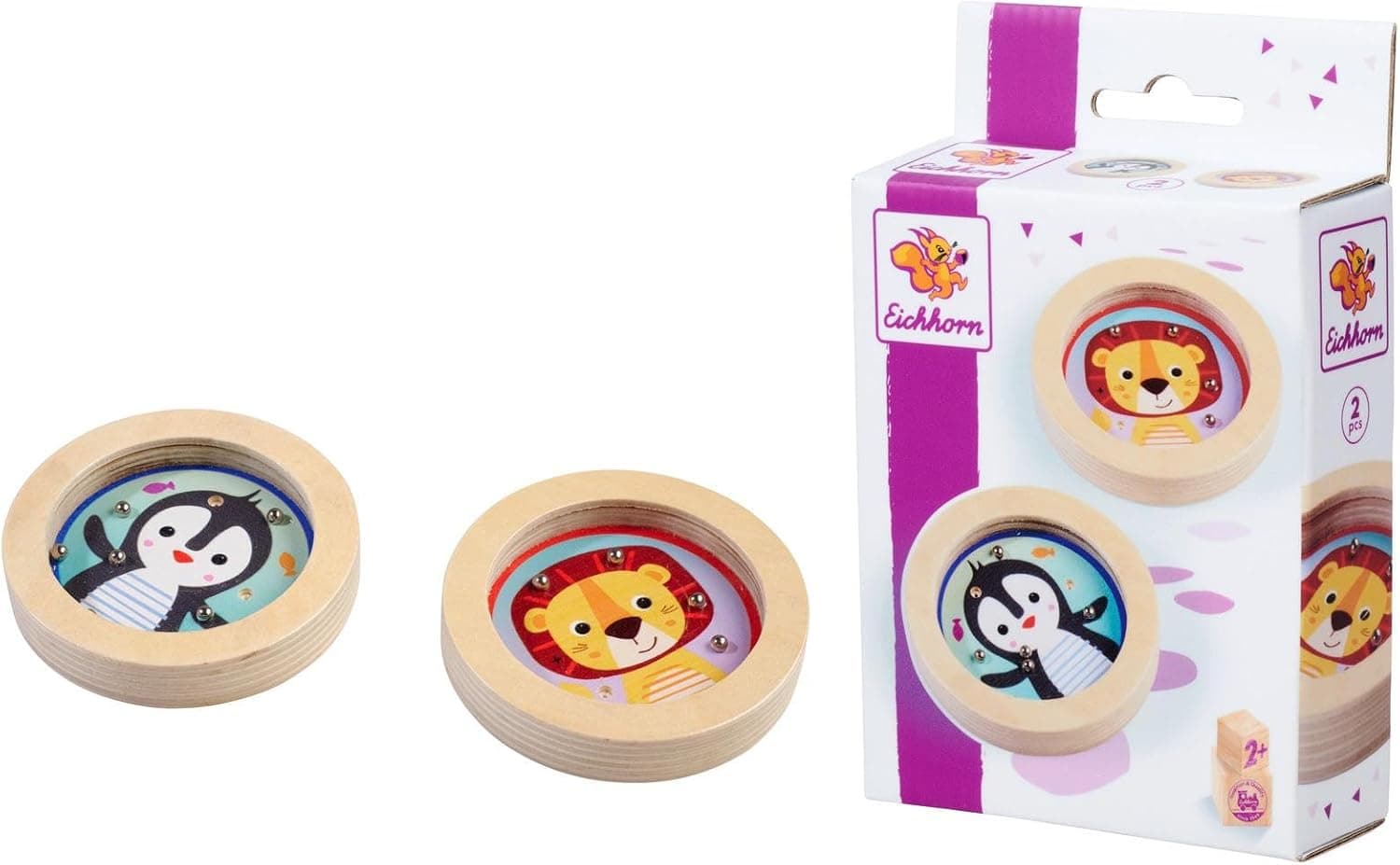 Eichhorn – Games – Geschicklichkeitsspiel, Kugelspiel mit Pinguin & Löwen Design, 2 teiliges Motorikspielzeug, 8 cm groß, aus Lindensperrholz, ab 3 Jahren