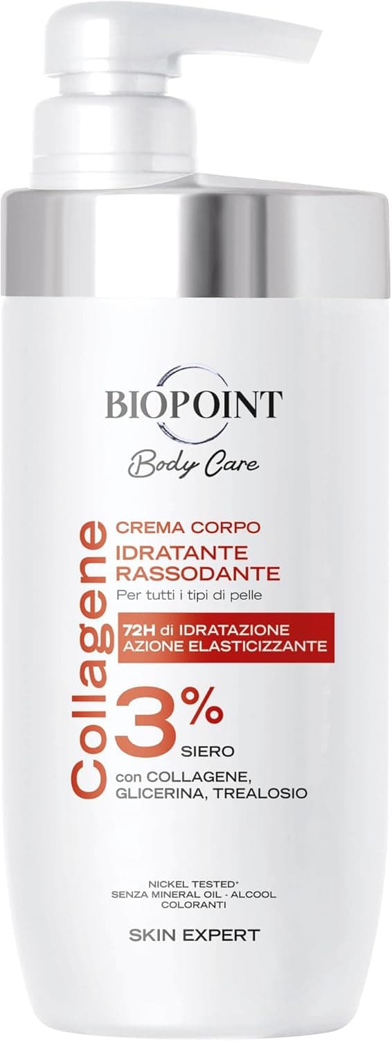 Biopoint - Crema Corpo Idratazione Rassodante, Azione Elasticizzante per tutti i tipi di Pelle, con 3% di Collagene, Dona Luminosità, Morbidezza e Idratazione fino a 72h, 500 ml
