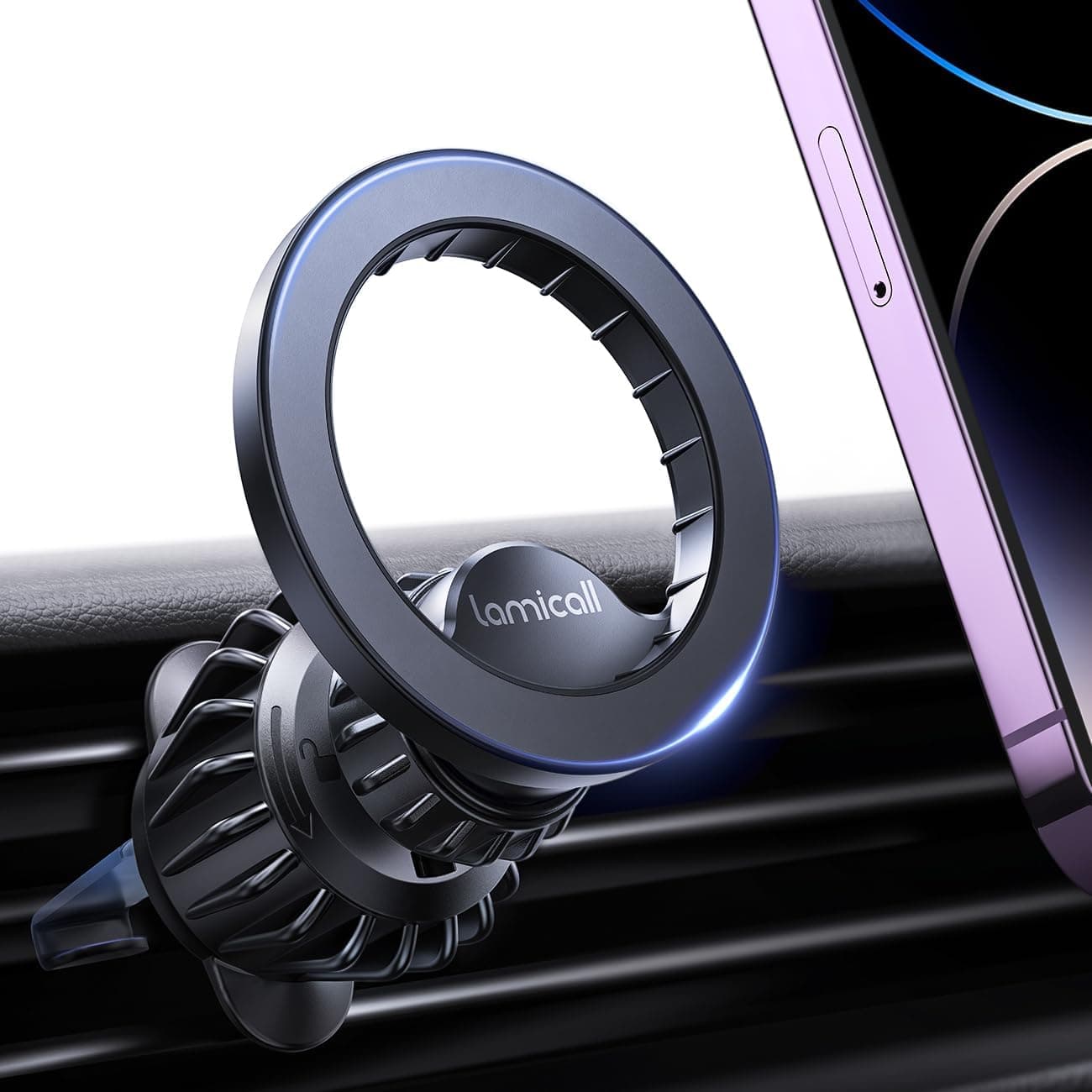 Lamicall Soporte Móvil Coche para MagSafe - [20X N52 Imanes] 360° Rotación, Gancho Metálico, Soporte Magnetico Móvil con Anillo de Metal para Rejilla del Aire para iPhone 17 16 15 14, Otro Smartphone