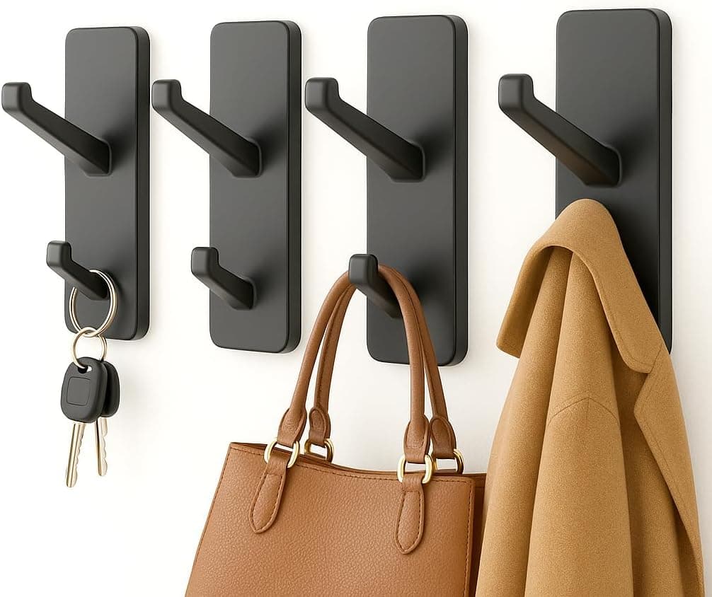 susswiff Wall Hooks Stick On for Hanging Coats - Strong Sticky Hooks, Heavy Duty (Hold 6KG), Self Adhesive Hook for Towel, Coats, Key, for Bathroom, Door, Kitchen, Dorm, Black, Metal, 4 Pack