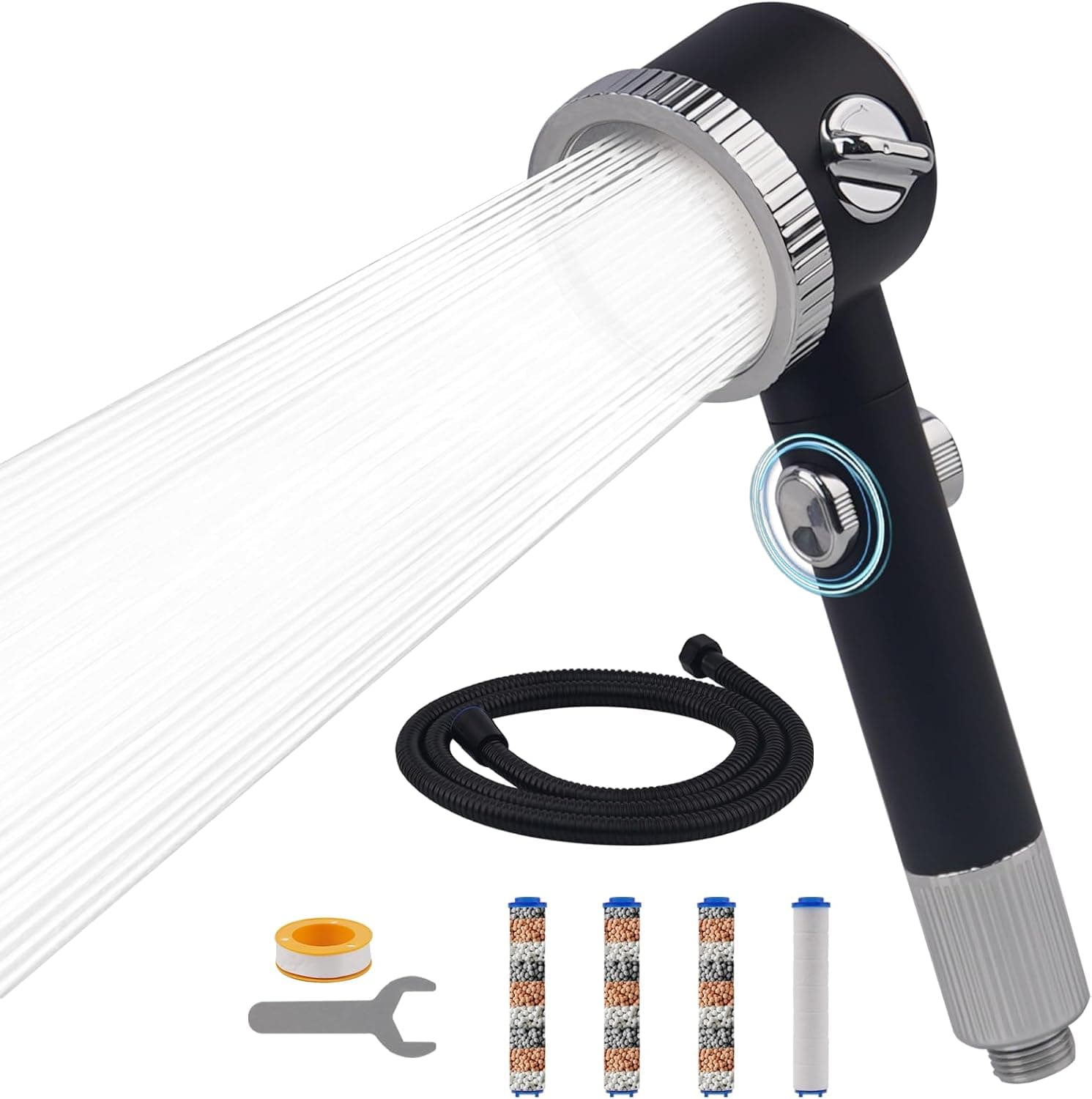 Pommeau de Douche avec Filtre Pommeau Douche anti Calcaire avec 3 Modes de Jet Sower Head Haute Pression Pommeau de Douche Economie Deau avec Tuyau Douche 1.5M Noir