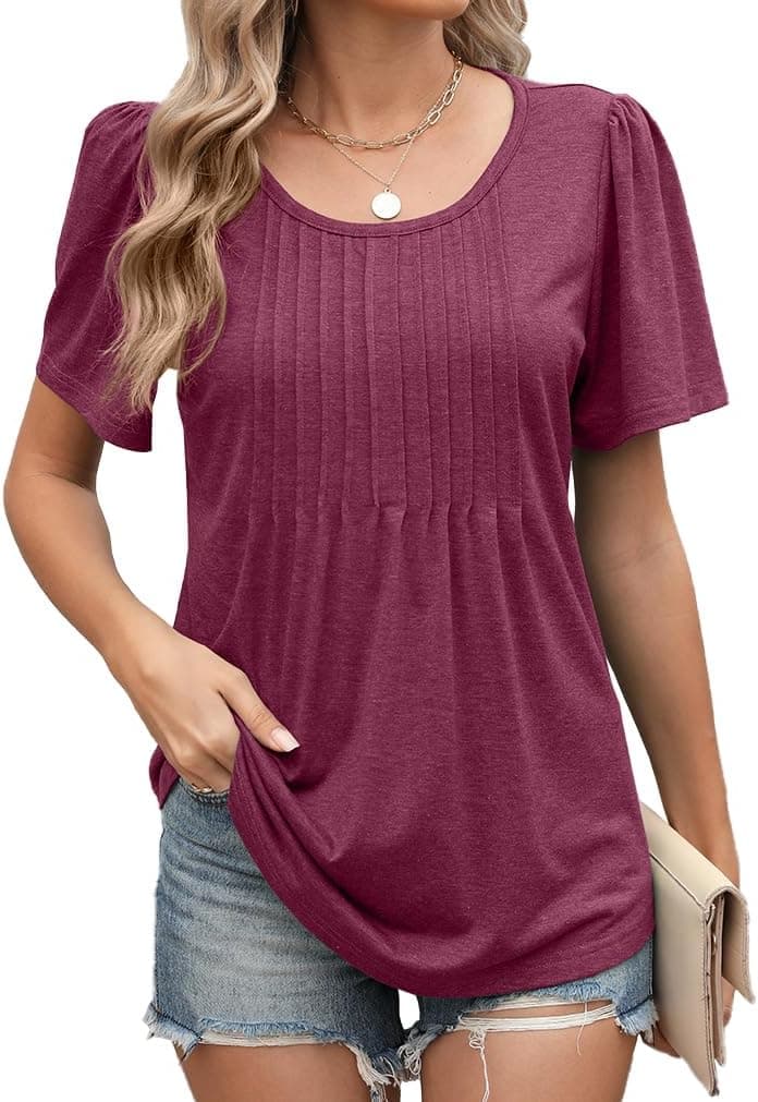 Famulily Women's Summer Round Neck Tops Front Pleated T Shirts for Ladies Short Sleeve Tunic Blouses