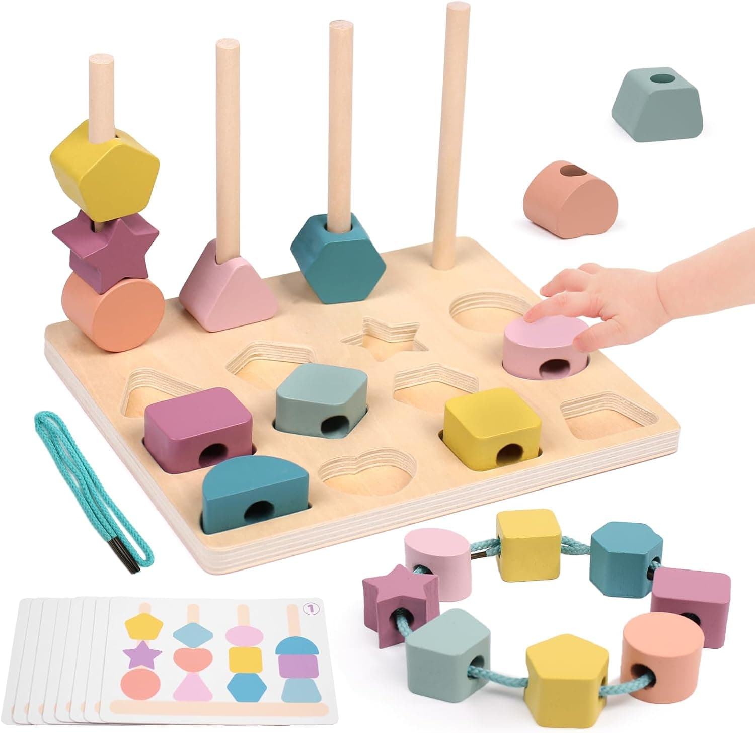 Threading Toys for 2 3 4 Year Olds Toddlers, Montessori Wooden Toys, Sorting Stacking Blocks, Lacing Beads, 3-in-1 Matching Shapes Toys Educational Set Gifts
