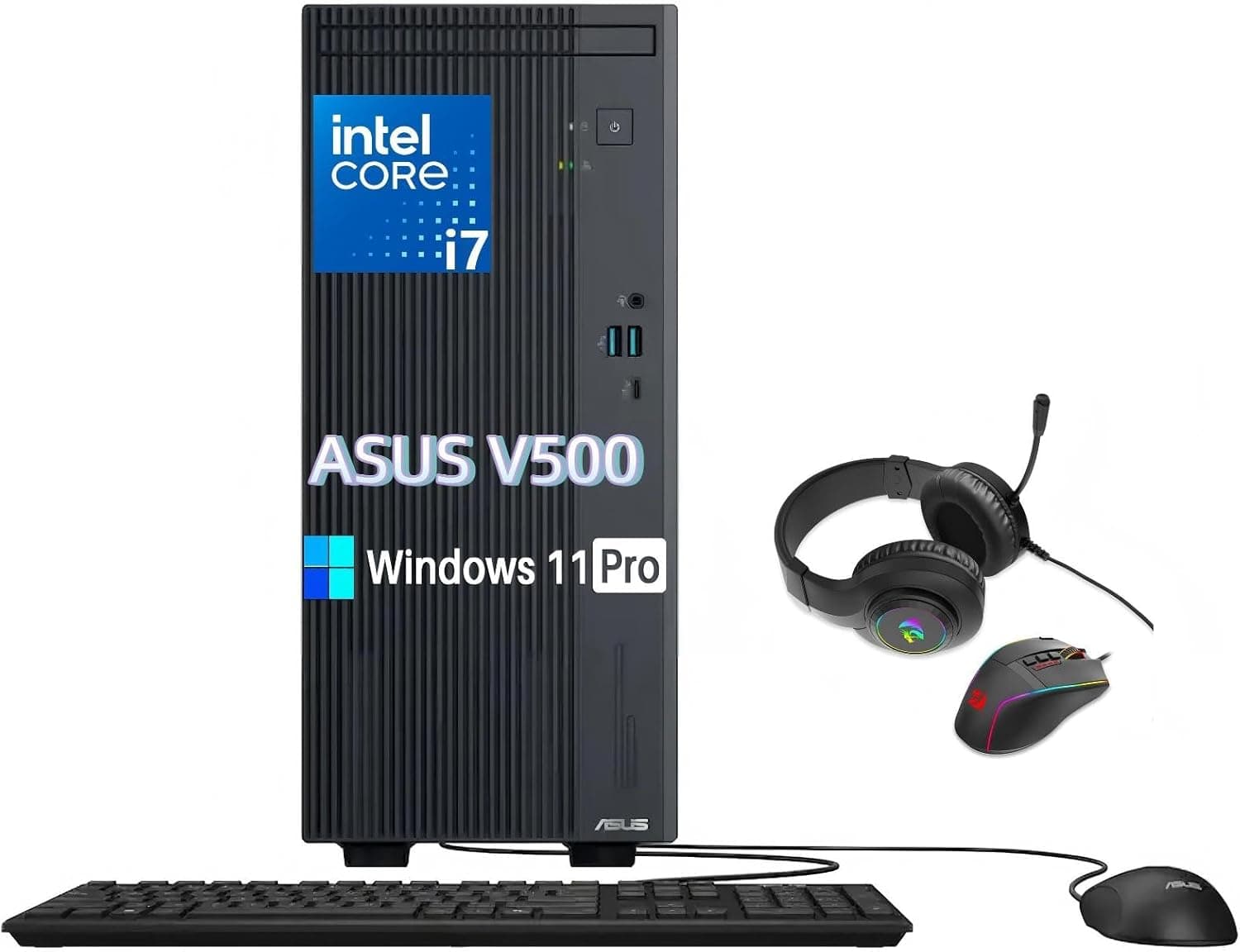 ASUS V500 Tower Desktop Computer, Intel 10-Core i7-13620H Processor, 16 GB DDR5 5600 MT/s, 1 TB SSD, DisplayPort, Wi-Fi 6, Wired KB & Mouse, Business PC, Windows 11 Pro, W/Headset and Mouse Set