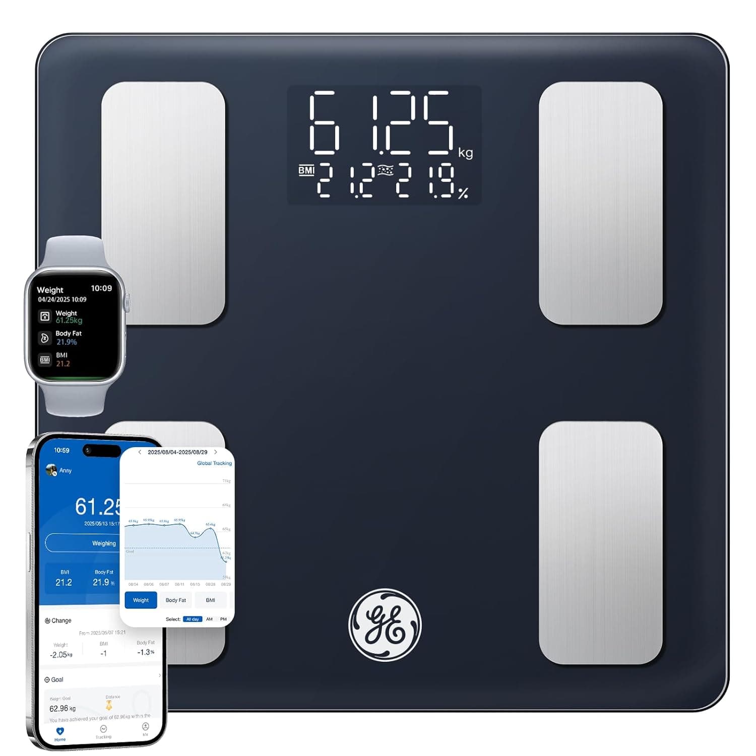 GE Smart Scale for Body Fat, Bathroom Weight Scales for BMI Muscle Mass Digital Bluetooth Electronic Body Composition Monitor for People with App Large Display, Accurate 180kg/400 Pounds Capacity