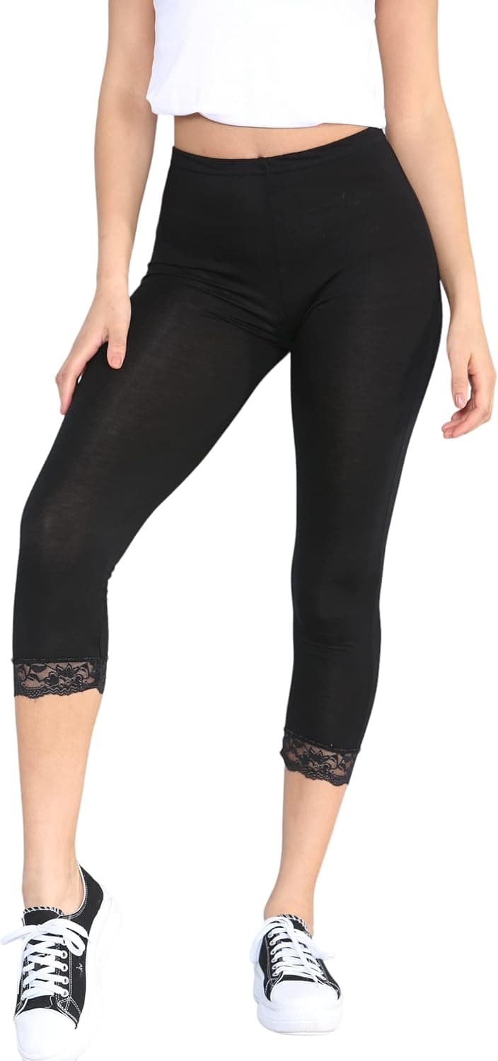 STAR FASHION Womens Ladies ¾ Cropped Capri Lace Trim Leggings Stretchy Soft Tights Yoga Pants Elasticated Waist Shorts for Jogging UK 8-26