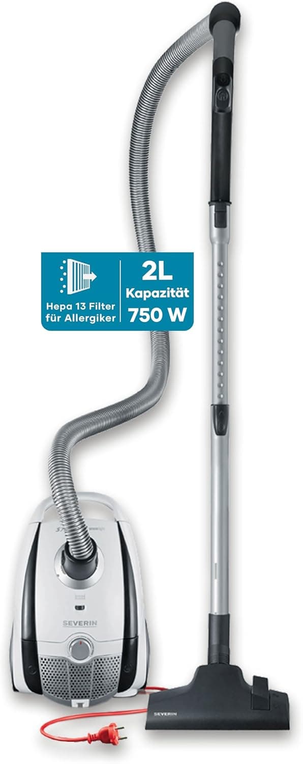 SEVERIN Staubsauger S´POWER snowlight, kompakter Bodenstaubsauger für Teppich- und Hartböden, leiser Staubsauger mit Beutel, 750 W, 8 m Reichweite, weiß, grau, BC 7035
