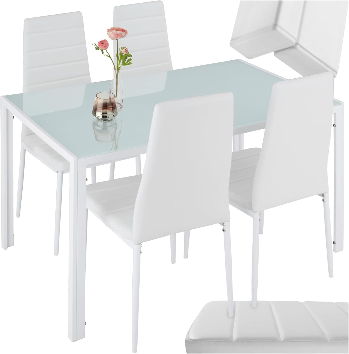 tectake Essgruppe Set Tisch und Stühle, Esstisch und 4X Stuhl, strapazierfähiges Kunstleder, Tischplatte aus Sicherheitsglas, Küchenstühle modern, Küche - weiß