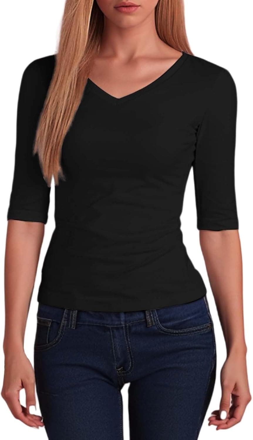 Shirt for Women UK V Neck Half Sleeve T-Shirt Fashion Slim Fit Tshirt Solid Color Plain Shirts Casual Comfortable Tunic Tops Giong Out Tee Top Breathable Lightweight Summer Blouse