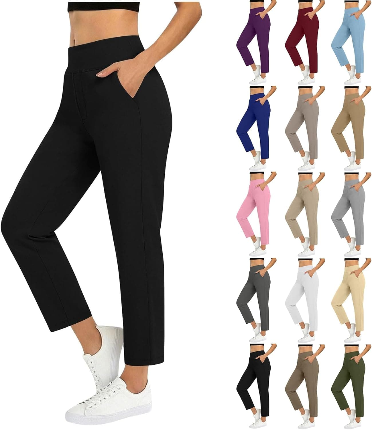 7/8 Hose Damen High Waist Stretch Bauchkontrolle Caprihose Golfhose Sommer Lässig Sporthose Yogahose Freizeithose Sport Leichte Stoffhose Business Laufhose Sommerhose Outdoor Leggings mit Taschen