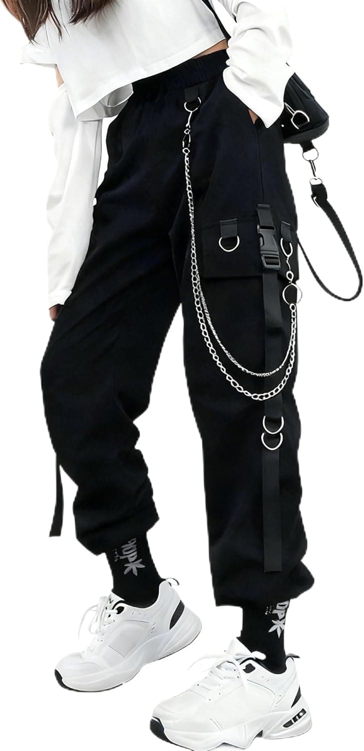 DINGJIUYAN Gothic Cargo Parachute Pants with Chain Women Plus Size High Waist Y2k Harajuku Steampunk Halloween Trousers