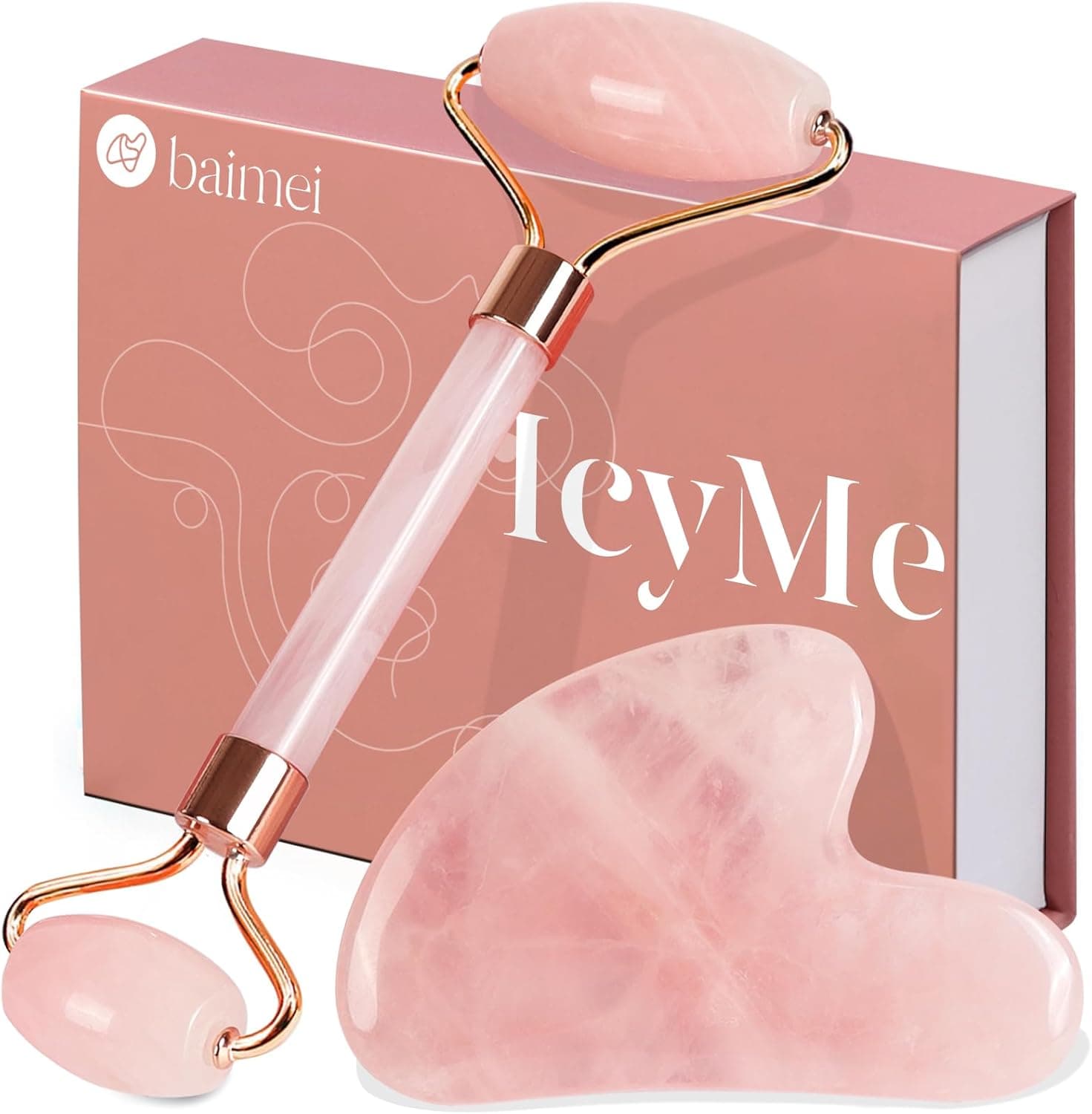 BAIMEI IcyMe Jade Roller & Gua Sha, Face Roller for Depuffing, Tighten the Jawline, Massager for Face, Eyes, Neck, Self Care Gift for Women - Rose Quartz