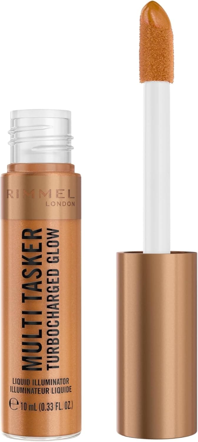Rimmel London | Multi Tasker Turbocharged Glow| Iluminador Líquido Facial| Tono 008 It's Giving Bronze | Perlas Reflectoras de Luz | Fórmula Vegana| 10 ml