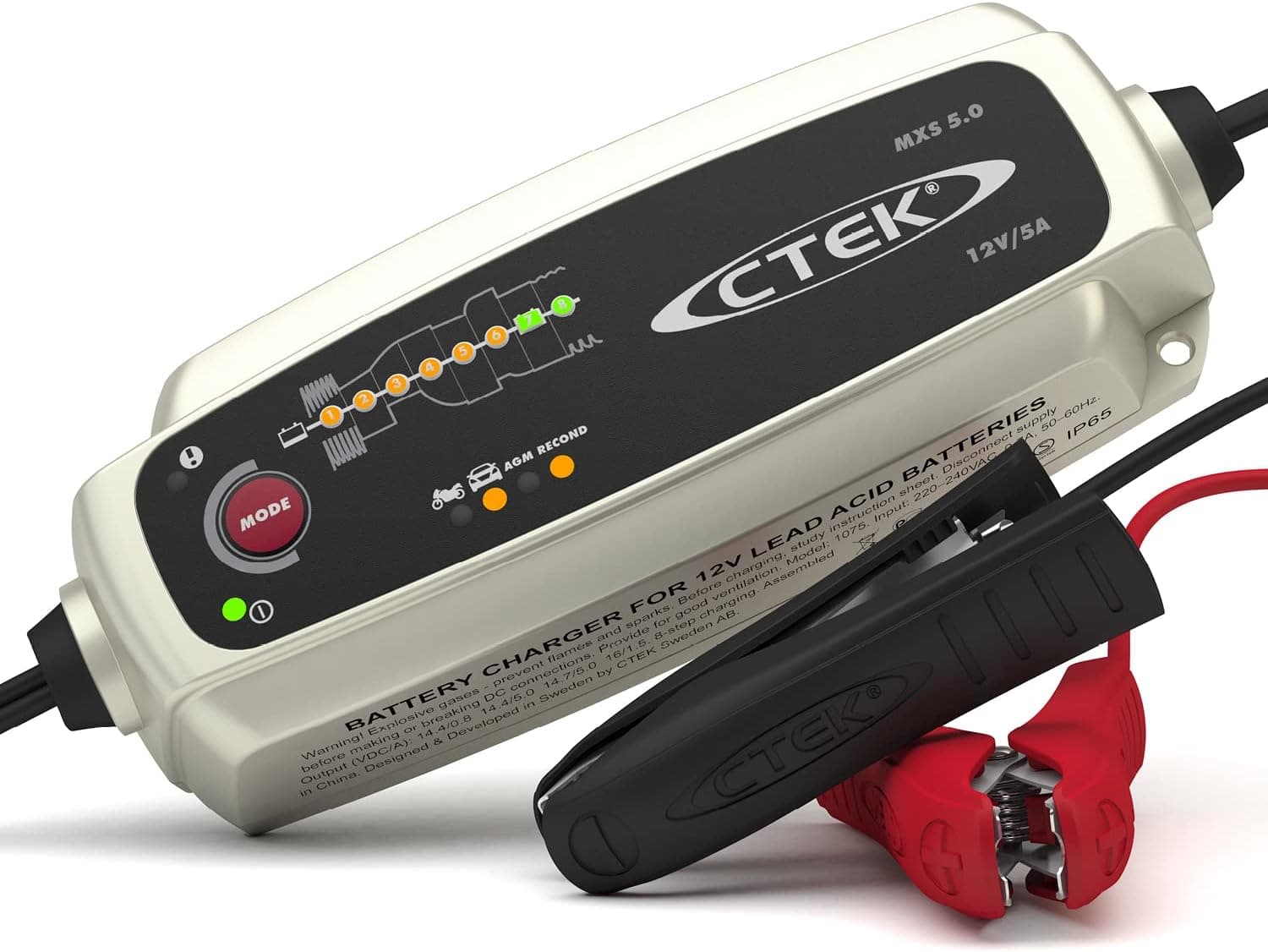 CTEK MXS 5.0, Caricabatterie 12V 5A, con Compensazione della Temperatura Integrata, Caricabatterie Auto e Moto, Caricabatterie Intelligente, Manutentore della Batteria con Modalità Ricondizionamento