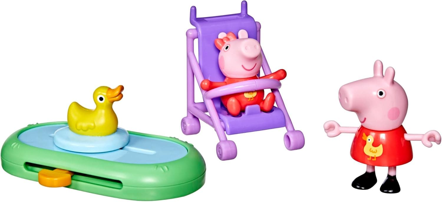 Peppa Pig Evie’s Park Playset, 4-Piece Preschool Toy with Peppa & Baby Evie Figures (7.5 cm), Stroller & Spinning Duck Pond Accessory, Imaginative Sister Stories for Kids 3