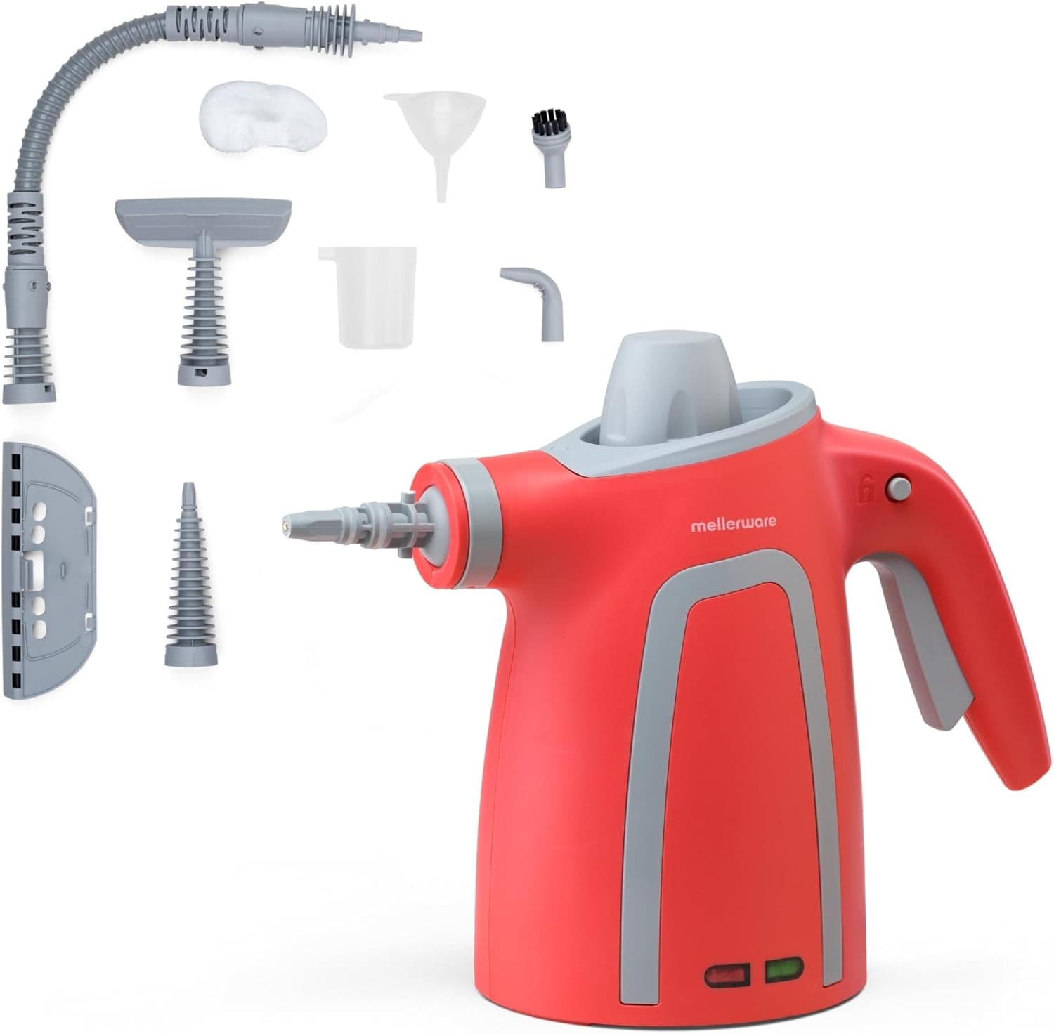 Mellerware Limpiador a Vapor de Mano Fush! | Vaporeta de Limpieza Hogar 1050W | Limpiador portátil Multiuso | Tanque 380mL | 9 Accesorios para Hogar, Baño, Cocina, Alfombra exterior (Red)